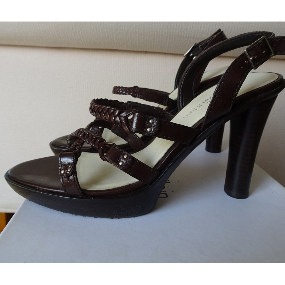 Calvin Klein brown leather strappy heels sandals Size 7 MSRP $145 worn ONCE